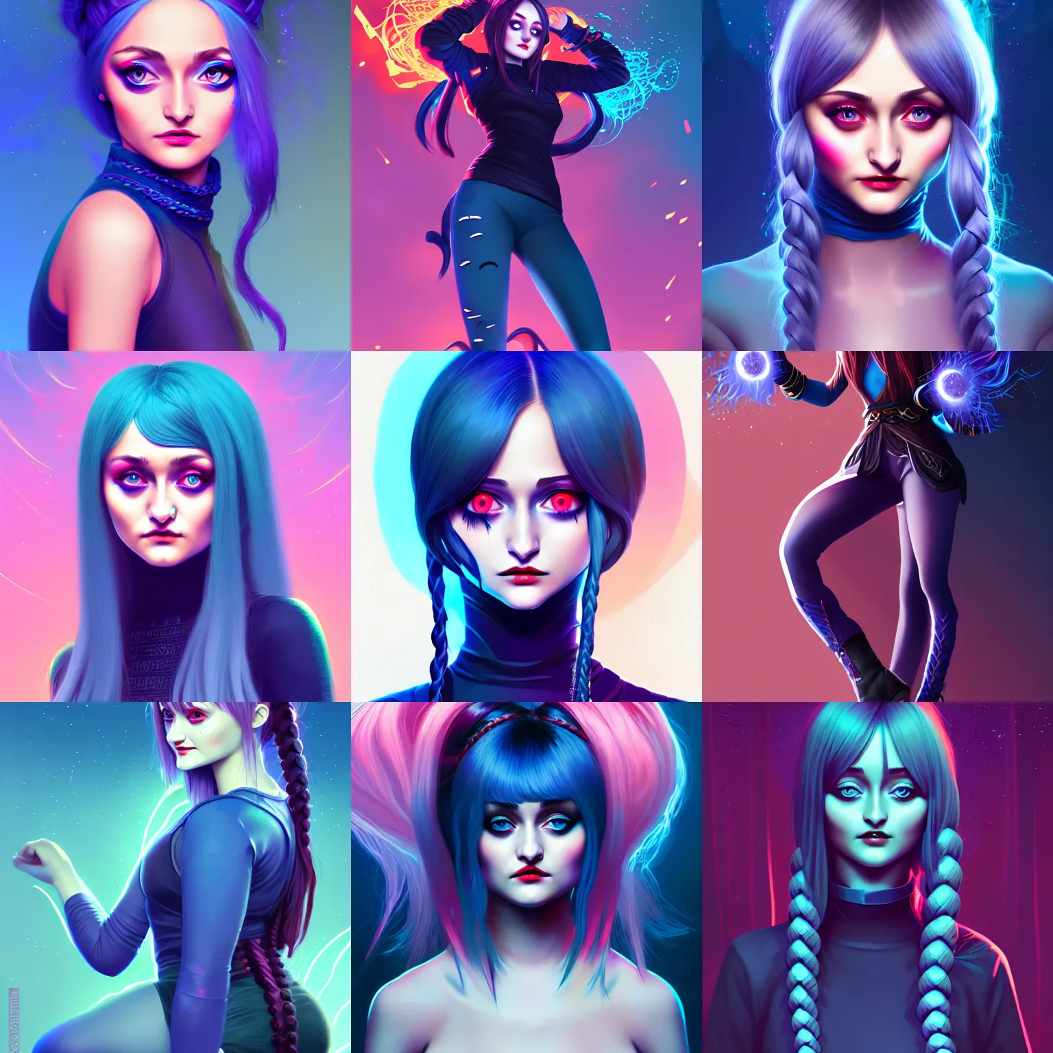 Prompt: portrait attractive girl with face ella purnell, hair blue two long braids, evil eyes, insane laughting, particles explosion, high boots, short bridges with leggins and top, elegant intricate matte sharp focus 8 k, fantasy digital art, league of legends, art by ilya kuvshinov