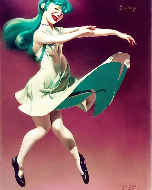 Image similar to hatsune Miku dancing by Enoch Bolles and Gil Elvgren