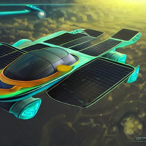 Image similar to solarpunk hovercar, clean energy, green technology, batoidea shape, airspace, sunny day, futurism, intricate, engines, autonomous, highly detailed, peaceful, utopia, bright, digital painting, advanced, artstation, concept art, smooth, sharp focus, epic landscape, art by akihiko yoshida and tim mcburnie and anato finnstark