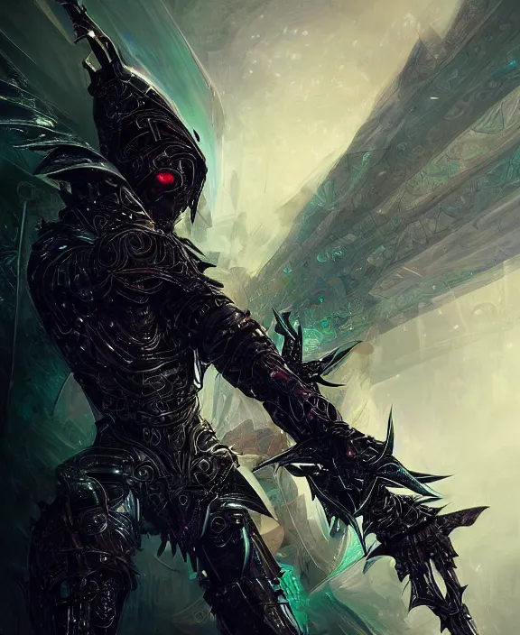 Prompt: the omnipotent assassin, vivid award winning digital artwork, intricate black sharp iridescent hooded semi - cybernetic armour, beautiful iridescent technology and weapon, long sharp spikes, swords, glowing face, detailed realistic, specular colors, ornate colored gems, character art by greg rutkowski and artgerm