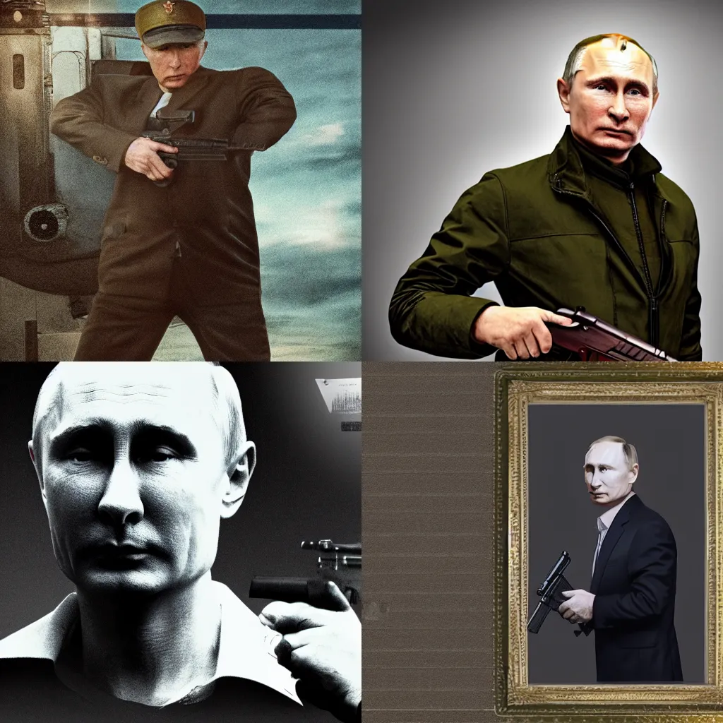 Prompt: Putin with a gun, full body portrait, cinematic