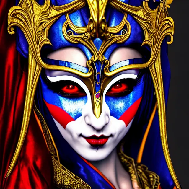 Prompt: female warrior jester with ornate venetian mask, highly detailed, 8 k, hdr, close up, smooth, sharp focus, high resolution, award - winning photo, artgerm