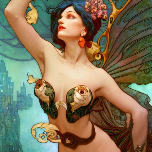 Image similar to Morrigan from Darkstalkers drawn by Donato Giancola and Tom Bagshaw, face by Artgerm, overall design by Alphonse Mucha, background by James Jean and Gustav Klimt, light by Julie Bell, 4k, porcelain skin, komorebi, french nouveau, trending on artstation, octane render, hyperrealistic