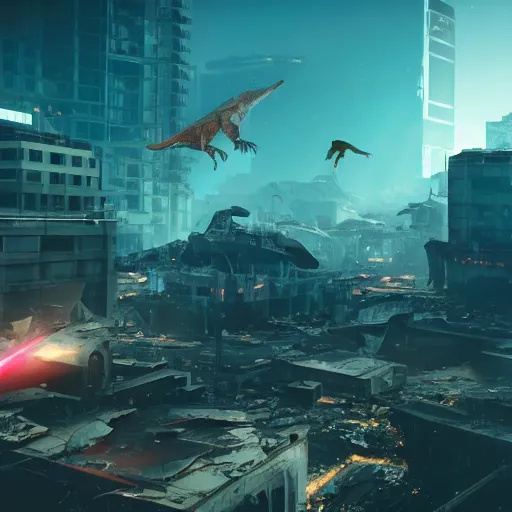 Image similar to a teradactyl dinosaur shooting lasers from is eyes flying over a destroyed city cyberpunk, fantasy, 4 k, octane render