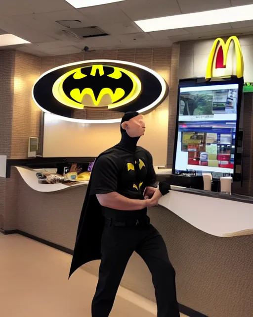 Image similar to batman working at mcdonalds, shaky cell phone video, cdx