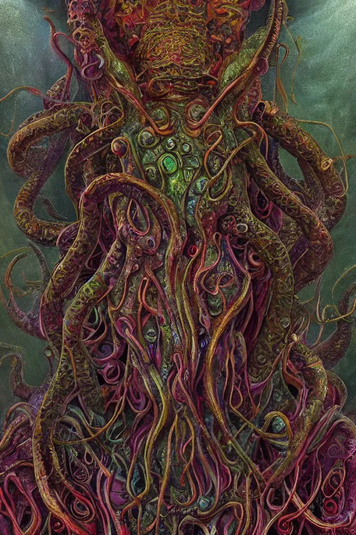 Image similar to psychedelic organic cthulhu mindflayer, gems jewels, diffuse lighting, very very intricate, very very elegant, highly detailed, lifelike, photorealistic, digital painting, artstation, illustration, concept art, smooth, HR GIGER , Hieronymous Bosch, Francis Bacon sharp focus, art by Greg Rutkowski and John Collier and Albert Aublet and Krenz Cushart and Artem Demura and Alphonse Mucha