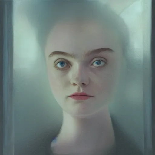 Image similar to Elle Fanning’s face against the window in the world of Adam Wyeth, head and shoulders portrait, stormy weather, extremely detailed masterpiece, oil on canvas, low-key neon lighting, artstation, Blade Runner 2049, Roger Deakin’s cinematography, by J. C. Leyendecker and Peter Paul Rubens and Edward Hopper and Michael Sowa,