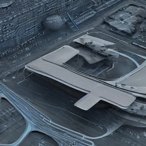 Image similar to Kazimierz Malewicz sci-fi motherboard airport view from above structure and digital billboard point cloud in the middle, unreal engine 5, keyshot, octane, artstation trending, ultra high detail, ultra realistic, cinematic, 8k, 16k, in style of zaha hadid, in style of nanospace, in plastic, dark, tilt shift,