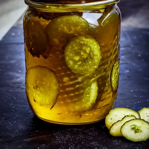 Image similar to a jar of honey with pickles inside, food photography, product image, honey pickles