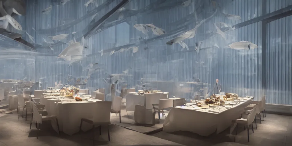 Image similar to Fish in suit sitting at white delicate sumptuous table eating salmon sashimi with huge floor to ceiling windows behind, selfie, dramatic lighting, volumetric lighting, photorealistic, cinematic lighting, high detail, cinematic feel, high octane, 4K, Unreal Engine, digital render, intricate, ultra realistic, concept art