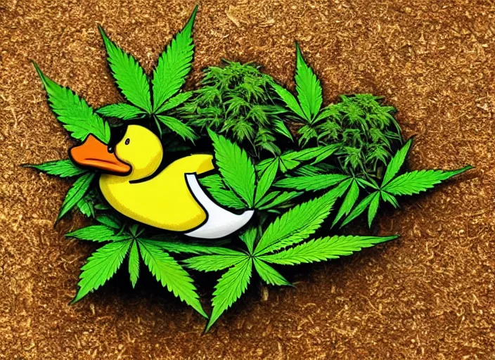 Image similar to !dream duck, marijuana leaves, duck surrounded by weed leaves