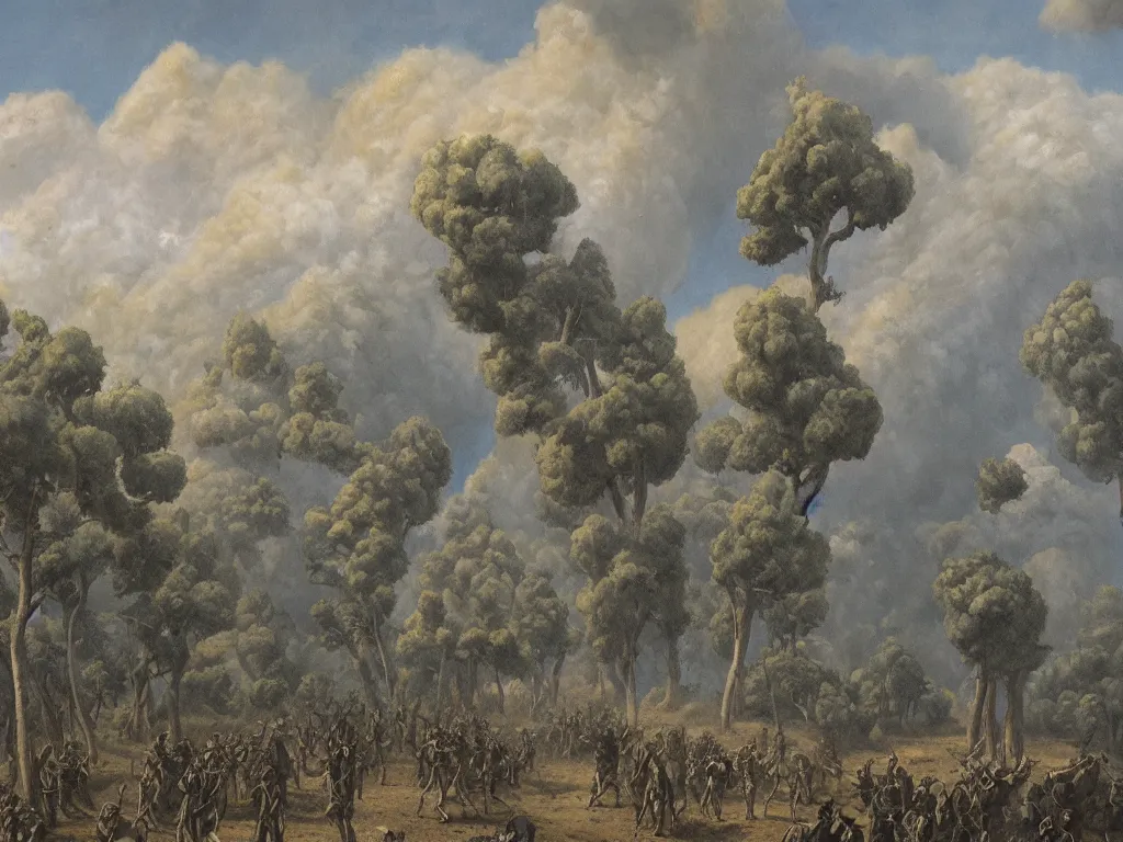 Image similar to Two armies amid the smoke. Comet afar. Cypresses. Painting by Ucello