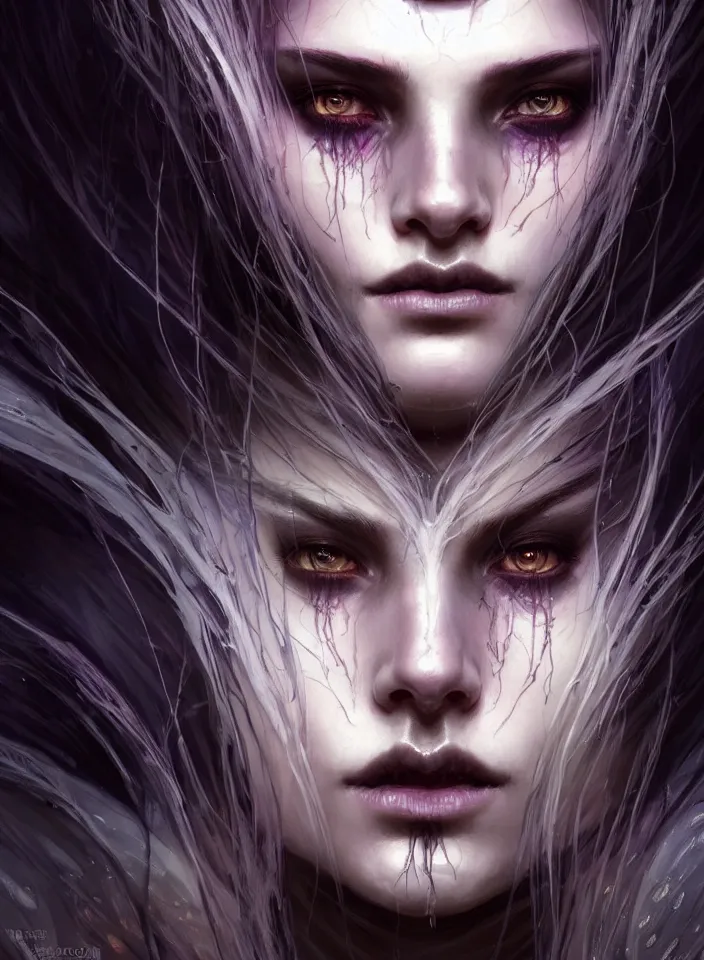 Image similar to Necromancer Sorceress face close-up macro in center, fantasy magic, undercut hairstyle, dark light night, intricate, elegant, sharp focus, illustration, highly detailed, digital painting, concept art, matte, art by WLOP and Artgerm and Greg Rutkowski and Alphonse Mucha, masterpiece