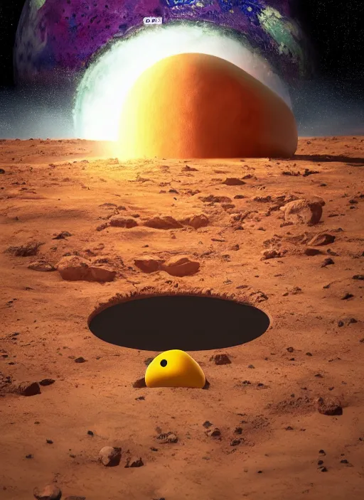 Image similar to earth with a pacman face eating mars, au naturel, hyper detailed, digital art, trending in artstation, cinematic lighting, studio quality, smooth render, unreal engine 5 rendered, octane rendered, art style by klimt and nixeu and ian sprigger and wlop and krenz cushart.