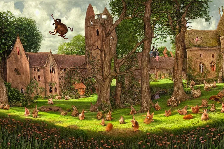 Prompt: an elaborate and dense painting of redwall abbey in mossflower wood with lots of mice and rabbits and otters walking around, detailed by brian jacques