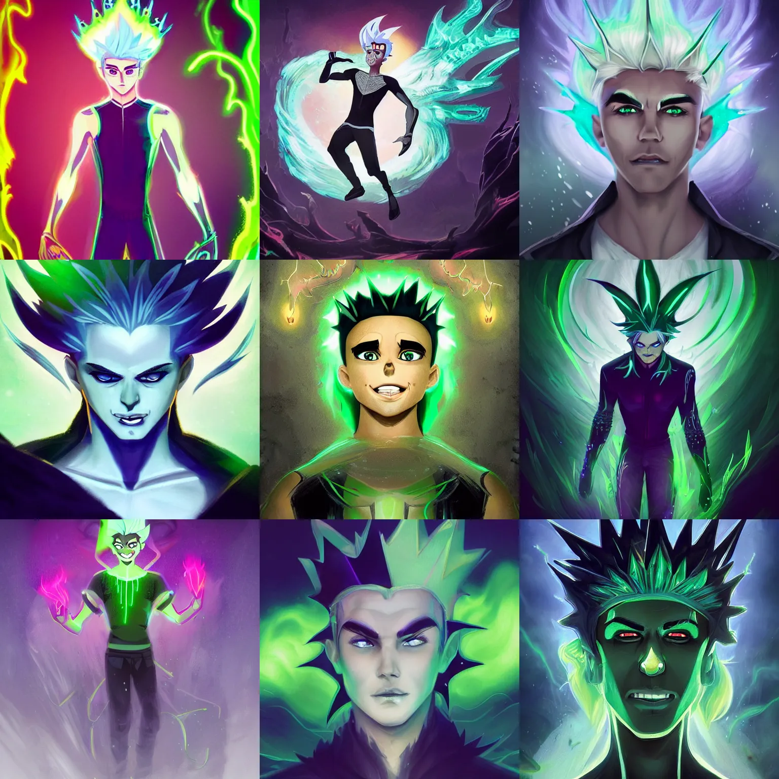 Prompt: A digital matte intricate illustration concept art of King Danny Phantom with snow white hair and glowing green eyes, floating flaming crown, pointy sharp teeth fangs alt art fashion inspired art by Charlie Bowater and WLOP and Mark Arian and Ross Tran + neon colors, symmetry , intricate complexity, epic composition, magical atmosphere, highly detailed, cinematic lighting + masterpiece, trending on artstation + 8k