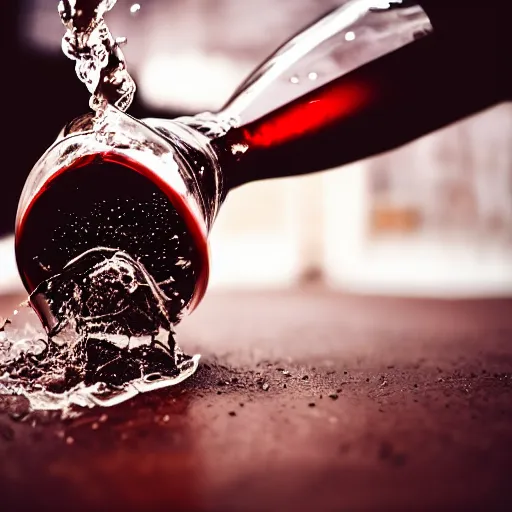 Prompt: photography of a wine bottle hitting the floor, bottom part explode but bottle upper part remain clean, clear view on the label, cinematographic look, award photography