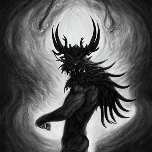 Image similar to full body grayscale drawing by Anato Finnstark of horned demon in heroic pose, swirling flames