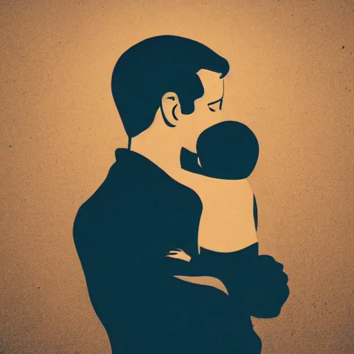 Prompt: Father holds child in the hand, realistic, siluette