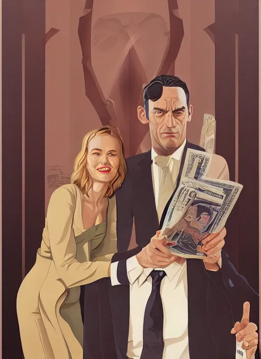 Image similar to poster artwork by Michael Whelan and Tomer Hanuka, Karol Bak of Naomi Watts & Jon Hamm husband & wife portrait, in the pose of 'Laughing Couple with a Money Purse' painting, from scene from Twin Peaks, clean, simple illustration, nostalgic, domestic, full of details