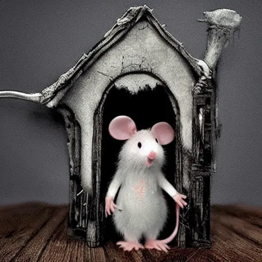 Prompt: real fluffal mouseinside creepy scary nightmare atmosphere, horror spooky