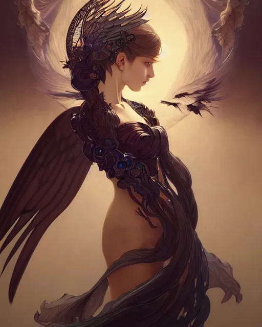 Image similar to portrait of a woman with wings, pixie character, genshin impact, fantasy magic, dark light night, intricate, elegant, sharp focus, illustration, highly detailed, concept art, matte, art by wlop and artgerm and greg rutkowski and alphonse mucha and kidmo, anime, trending on artstation