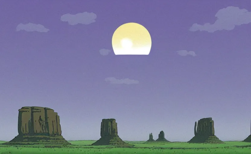 Image similar to a cell - shaded studio ghibli concept art from paprika ( 2 0 0 6 ) of a ufo from independence day ( 1 9 9 6 ) is shining a spotlight on a lush temple that looks like monument valley stonehenge jungle on a misty starry night. a giant camel is in the foreground. very dull colors, hd, 4 k, hq