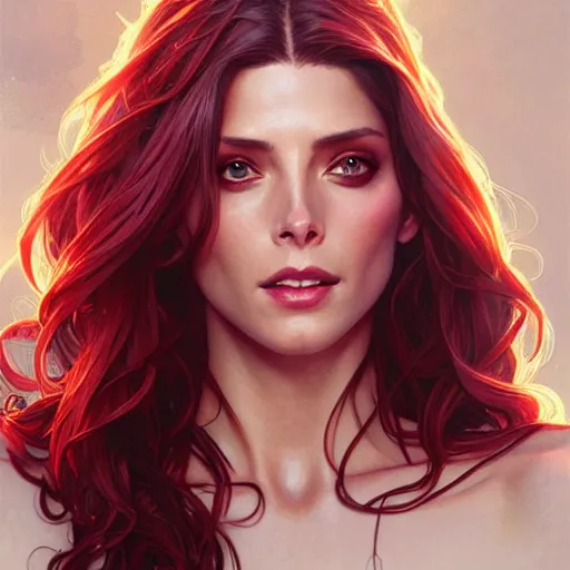 Image similar to Ashley Greene as Scarlet Witch, western, D&D, fantasy, intricate, elegant, highly detailed, digital painting, artstation, concept art, matte, sharp focus, illustration, art by Artgerm and Greg Rutkowski and Alphonse Mucha