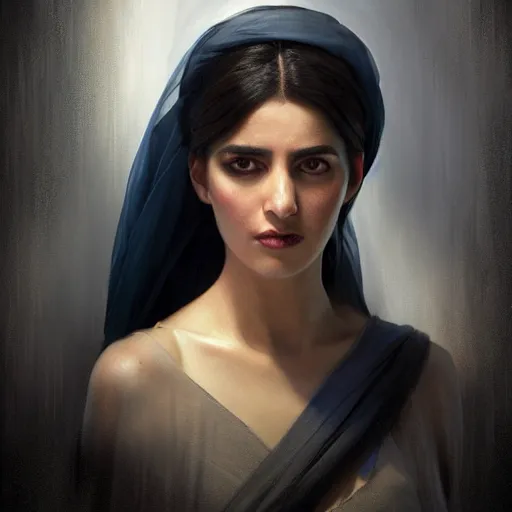 Image similar to a Photorealistic dramatic hyperrealistic render of an arab ameera al taweel, blue eyes, black hair, white veil,by WLOP,Artgerm,Greg Rutkowski,Alphonse Mucha, Beautiful dynamic dramatic dark moody lighting,shadows,cinematic atmosphere,Artstation,concept design art,Octane render,8K