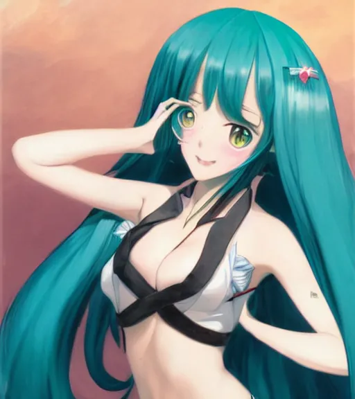 Prompt: Anime art very beautiful Hatsune miku by Gil Elvgren, Vladimir Volegov, Earl Moran, Enoch Bolles, Lois van baarle, Greg Rutkowski, symmetrical shoulders, revealing outfit