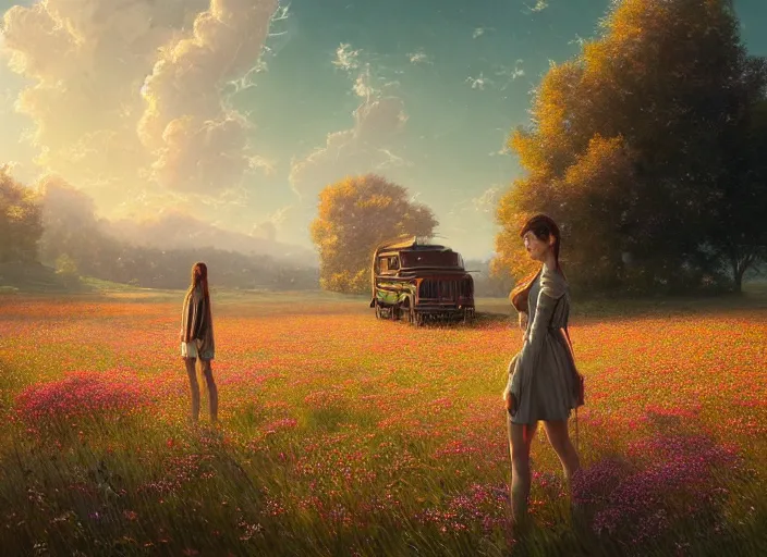 Prompt: detailed intricate digital illustration by greg rutkowski and artgerm and wlop and sanford robinson gifford ; conversion van, beautiful meadow with colorful flowers and puffy clouds in background ; 1 3 mm film, arri alfa anamorphic lens ; sharp focus, golden hour lighting, trending on artstation 4 k ; close view