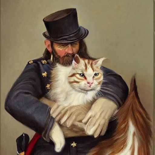 Image similar to oil painting of a civil war soldier holding a long - haired brown and white tabby cat