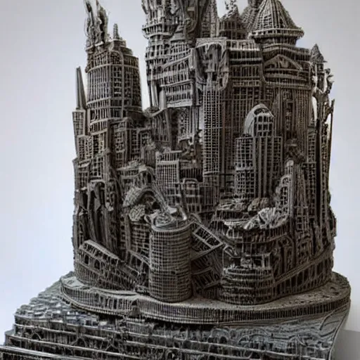 Prompt: an intricate 3d sculpture of a cityscape with angels and demons by kris kuksi