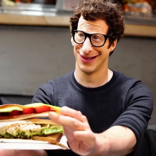 Image similar to andy samberg eating a sandwich