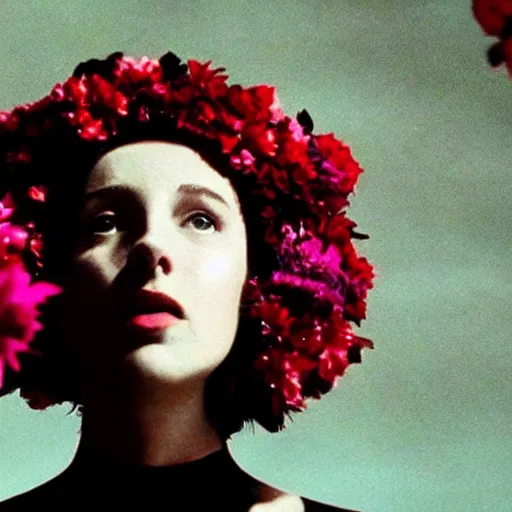 Image similar to movie still of the girl with the flowers head, cinematic composition, cinematic light, by edgar wright and david lynch, surreal art