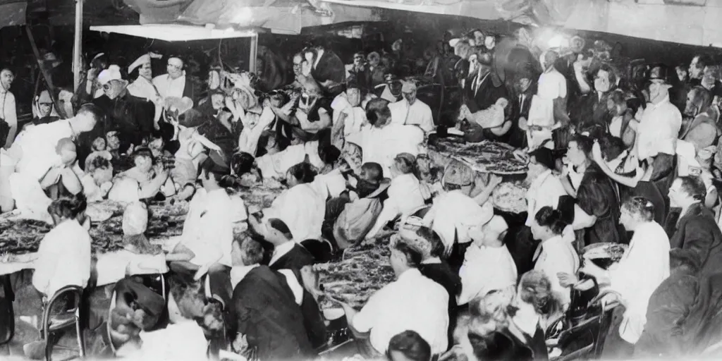 Prompt: black and white photo from the 1 9 2 0's of a pie eating contest with monster contestents making a horrible mess at the county fair