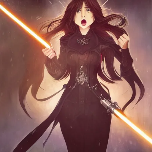 Image similar to a female Kazuto Kirigaya Kirito as young woman with brown long hair and bangs and wearing a long black coat breast-armor showing through, with light-saber, face, fantasy, intricate, elegant, highly detailed drawn by Julie Bell and Fernanda Suarez and Artem Demura, face by Artgerm and Edmund Leighton, Alphonse Mucha, background by James Jean and Gustav Klimt, 4k, porcelain skin, komorebi, french nouveau, trending on pixiv, octane render, hyperrealistic