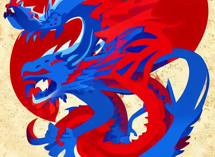 Prompt: red and blue poster with a dragon on it, vector art by cedric seaut ( keos masons ), artstation contest winner, process art, behance hd, matte background, rich color palette