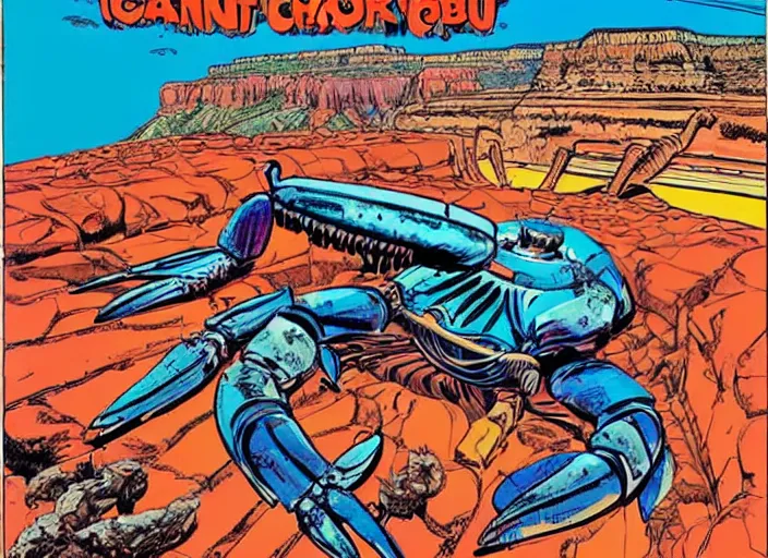 Image similar to comic book cover of a giant mechanical crab at the grand canyon by jack kirby!!! and simon bisley, epic, awesome bright color palette, hard contrast, black ink outlines