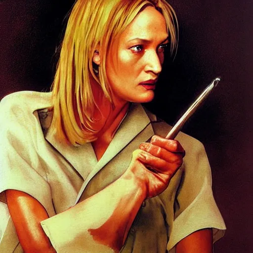 Prompt: a portrait painting of Uma Thurman in kill bill. Painted by Norman Rockwell