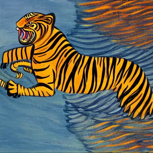 Prompt: painting of a winged Tiger on a small island in a lake