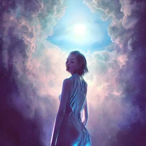 Image similar to 3 d, sci - fi, night, moon, smiling fashion model face, moon rays, cinematic, clouds, vogue cover style, blue mood, realistic painting, intricate oil painting, high detail illustration, figurative art, multiple exposure, poster art, 3 d, by tooth wu and wlop and beeple and greg rutkowski