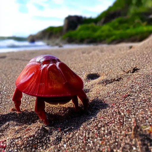 Prompt: three small red anthropomorphic hermit crab on sandy beach