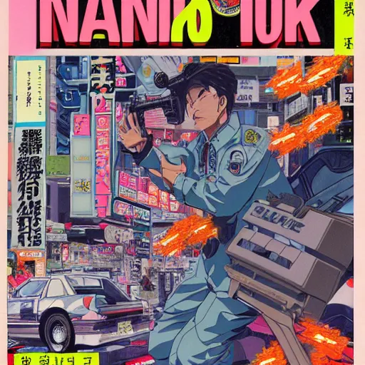 Image similar to 1993 Magazine Cover, Anime Neo-tokyo 4 bank robbers fleeing the scene with bags of money, Police Shootout, MP5S, Highly Detailed, 8k :4 by Katsuhiro Otomo : 8