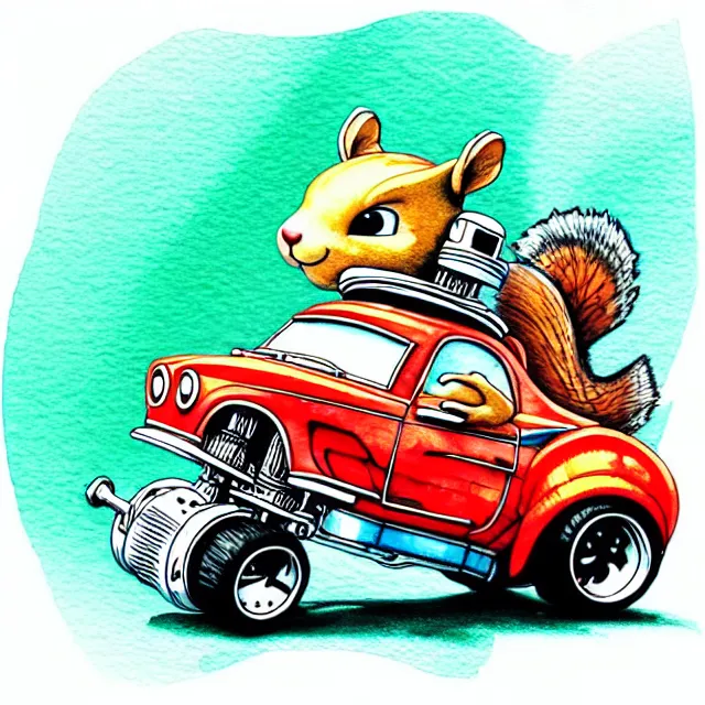 Image similar to cute and funny, squirrel wearing a helmet riding in a hot rod with oversized engine, ratfink style by ed roth, centered award winning watercolor pen illustration, isometric illustration by chihiro iwasaki, edited by range murata, tiny details by artgerm and watercolor girl, symmetrically isometrically centered, sharply focused