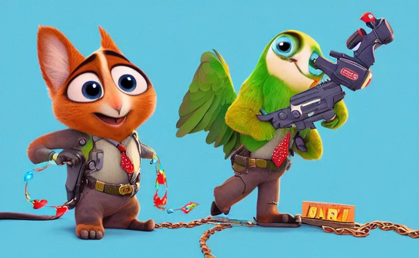 Image similar to “ one cute parrot with very big eyes, wearing a bandana and chain, holding a laser gun, standing on a desk, digital art, award winning, in the style of the movie zootopia ”