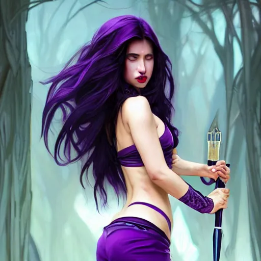 Image similar to american evil girl black - purple long hair, tane skin, purple eyes, dark purple lips, intricate, elegant, highly detailed, my rendition, digital painting, artstation, concept art, smooth, sharp focus, illustration, art by artgerm and greg rutkowski and alphonse mucha and uang guangjian and gil elvgren and sachin teng, symmetry!!