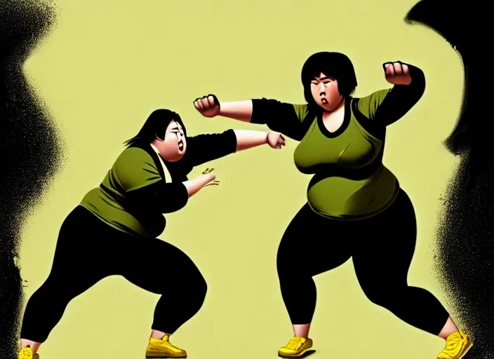 Image similar to duotone olive green gray illustration 3 / 4 portrait of fat woman fighting bruce lee style. dynamic chaotic composition random golden renaissance proportion. author sachin teng and sergei wheelsov and ruan jia and heng z. graffiti art, scifi, sci - fi, hyper detail. octane rendering. concept art. trend on artstation