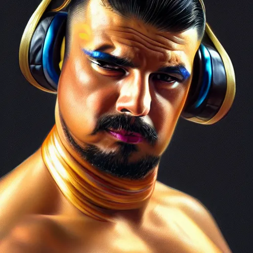 Image similar to portrait of lucha libre dj, muscular, headphones, thick golden ring around the neck, fantasy, intricate, elegant, highly detailed, digital painting, artstation, concept art, smooth, sharp focus, illustration, art by artgerm and greg rutkowski and alphonse mucha