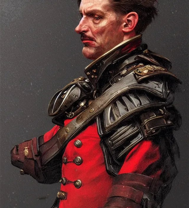 Image similar to portrait of a german man wearing a red and black traditional nineteenth century military jacket, metal shoulder pauldrons, highly detailed, digital painting, artstation, concept art, sharp focus, cinematic lighting, illustration, art by artgerm and greg rutkowski, alphonse mucha, cgsociety